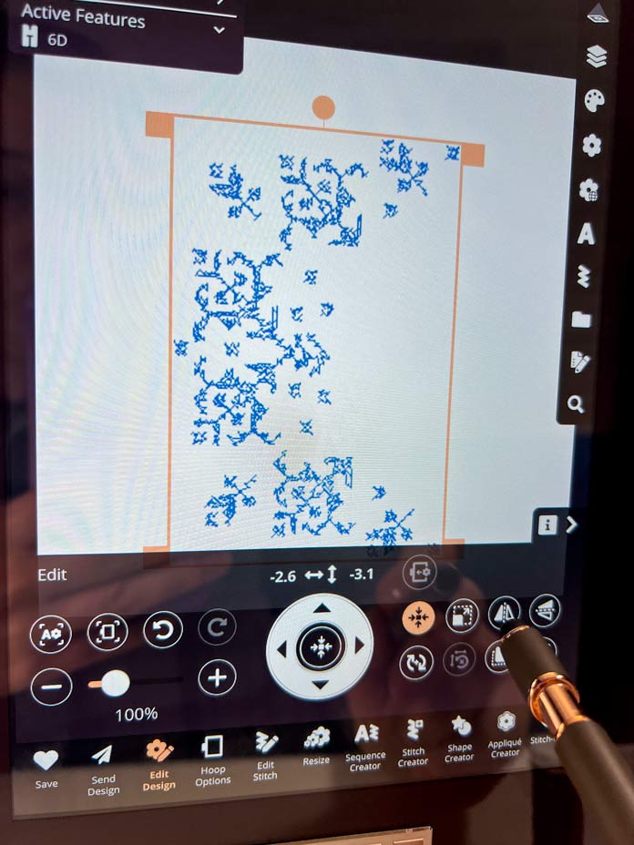 The computerized screen of a purple model of the PFAFF creative icon 2 shows Embroidery Edit mode and mirrors a design from the build-in embroidery library; PFAFF creative icon 2, PFAFF Universal Needles Size 80/12, PFAFF Universal Needles Size 90/14, PFAFF Quilting Needles Size 90/14, PFAFF 6D Dynamic Spring Foot, PFAFF creative 120 Square Hoop (120 x 120 mm), Mettler 40wt polyester thread, PFAFF Aqua Magic Plus Stabilizer, PFAFF 0A Standard Presser Foot for IDT System