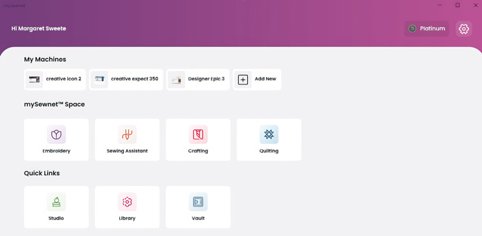 A white screen showing my name in a purple band at the top, with the option to add a machine, choose a mySewnet Space to go to, Embroidery, Sewing Assistant, Crafting, Quilting, as well as Quick Links to the Studio, the Library, and /or the Vault; quilting, mini quilt, mySewnet Quilting Software, digital quilting, quilt design, beginner quilting, quilt planning, fabric yardage, quilting techniques, embroidery and quilting