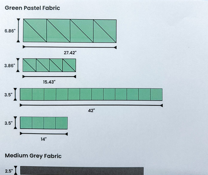 A group of diagrams showing sizes of triangles and squares, their sizes and numbers need to be cut from the green fabric; quilting, digital quilting, fabric cutting, SINGER MOMENTO 24, mySewnet Crafting Software, quilt design, quilting tutorial, precision cutting, beginner quilting, quilt planning