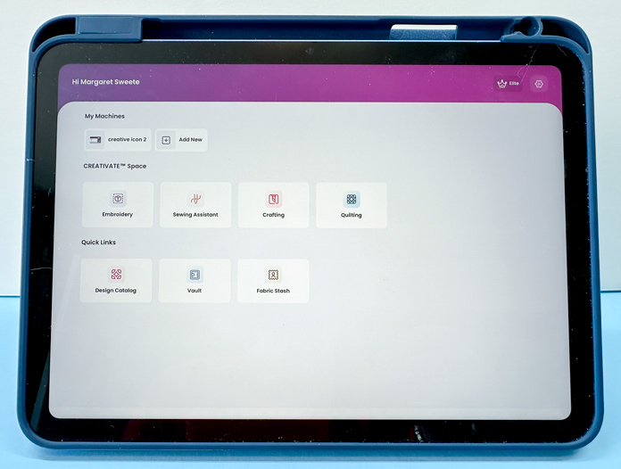 Apple iPad with the creativate app open to the home screen, showing white boxes