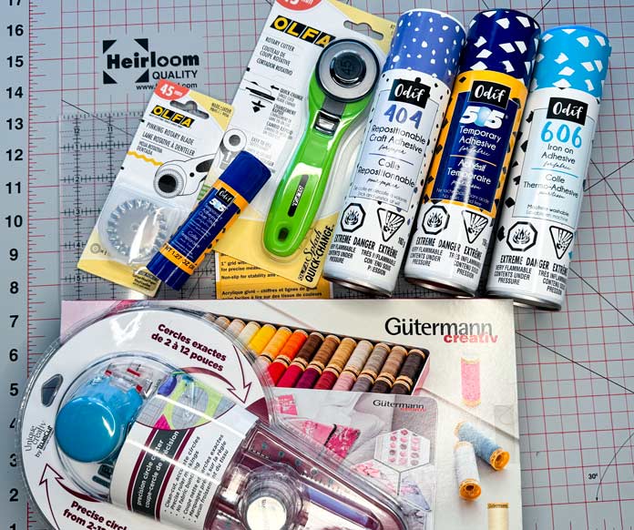 TrueCut 360 circle cutter, TrueCut replacement Blade for 360 Circle Cutter, Gütermann Nostalgia Box - 50wt Cotton Thread 100m - 48 Shades, OLFA RTY-2C/PR Splash Handle Rotary Cutter 45mm - Lime Green, OLFA 12½” square frosted acrylic ruler, OLFA SCB45-1 - Stainless Steel Scallop Blade - 1pc, Heirloom 24″ x 36″ Double Sided Rotary Mat, Odif 606 Spray and Fix No-sew Fusible Adhesive Web, ODIF 404 Spray and Fix Permanent Repositionable Adhesive for Craft Material, Odif 505 Temporary Adhesive Glue 