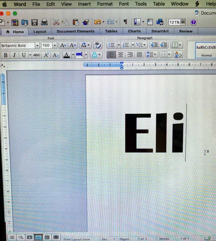 The name Eli printed in large black font on a computer screen