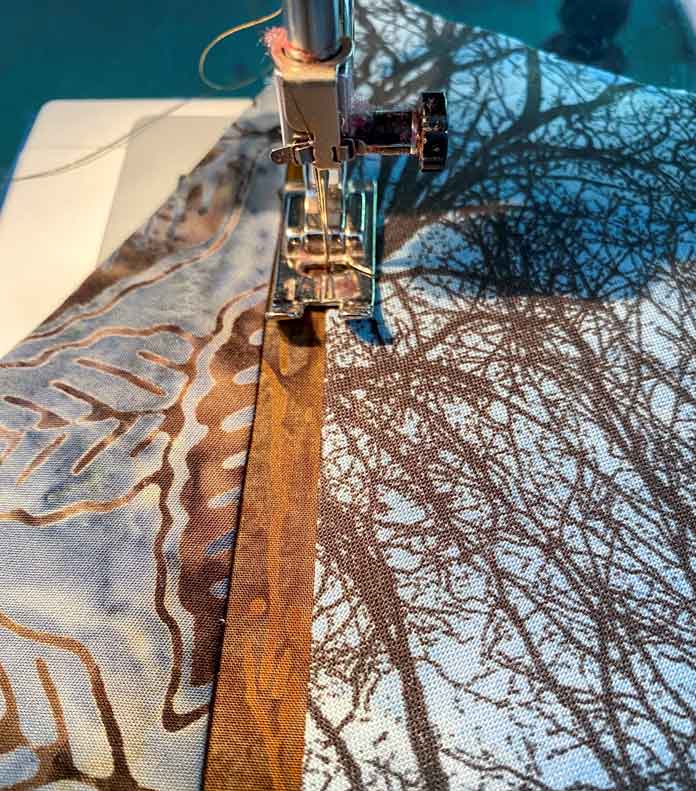 A close up of the Forest Fibre Art Quilt pattern by Ana Buzzalino for Issue 67; photo by Ana Buzzalino for ANPTmag