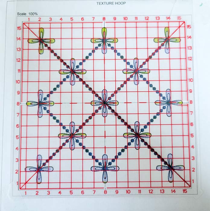A grid with red lines sitting on a machine embroidery motif