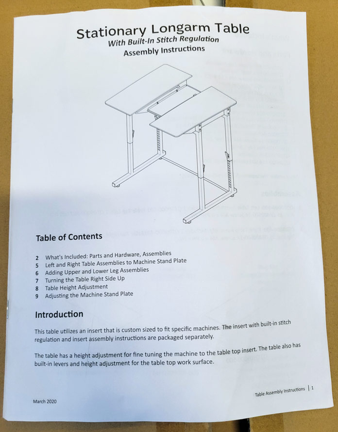 Assembly instructions for a stationary longarm table