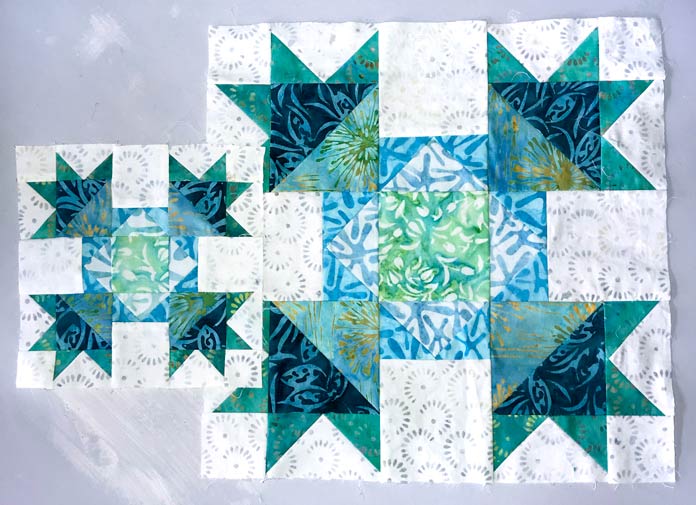 Block 6in sizes 12½" and 6½". Block 6 of the Spectrum QAL2020 made with Little Girl in the Blue Armchair collection by Anthology Fabrics. Mary Ellen’s Best Press