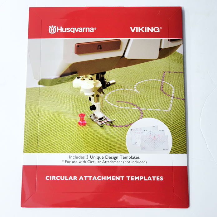 A red package with a picture of a sewing machine and decorative stitching; Husqvarna Viking Circular Attachment