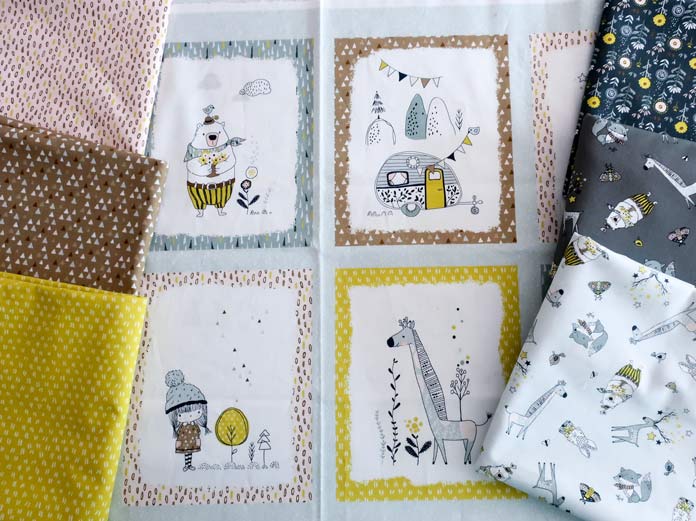 Seven fabrics selected from the Whimsicals collection by Michael Miller Fabrics. Whimsicals collection by Michael Miller Fabrics, UNIQUE Folding Cutting Mat, Sew Easy Quilting Ruler, Komfort KUT Rotary Cutter