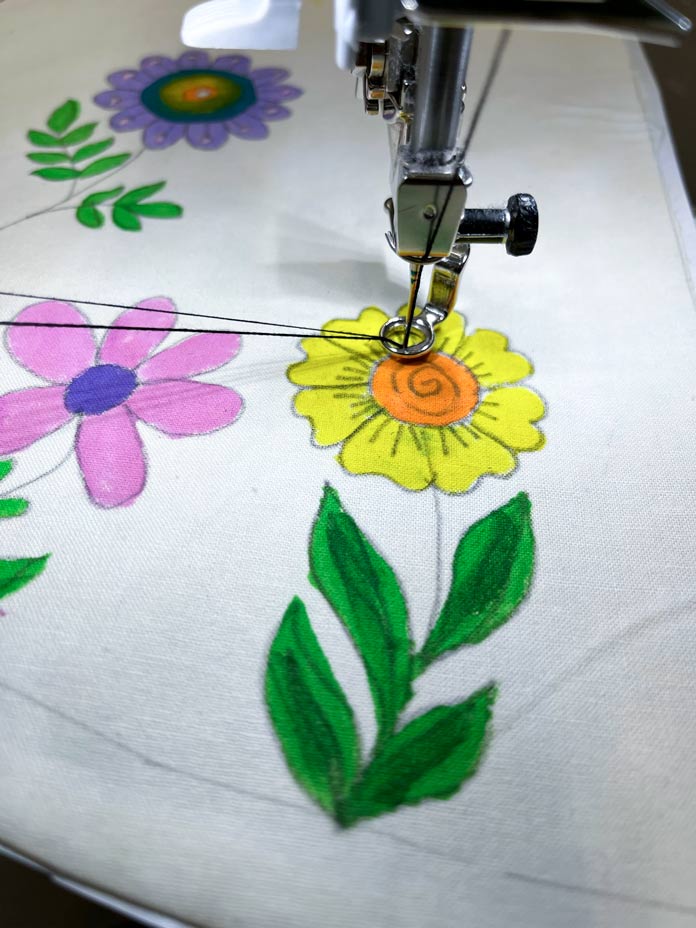 Showing the bobbin thread is brought up through the fabric to the top of the lampshade fabric, Gütermann Thread, Fabric Creations 100% Cotton Fabric