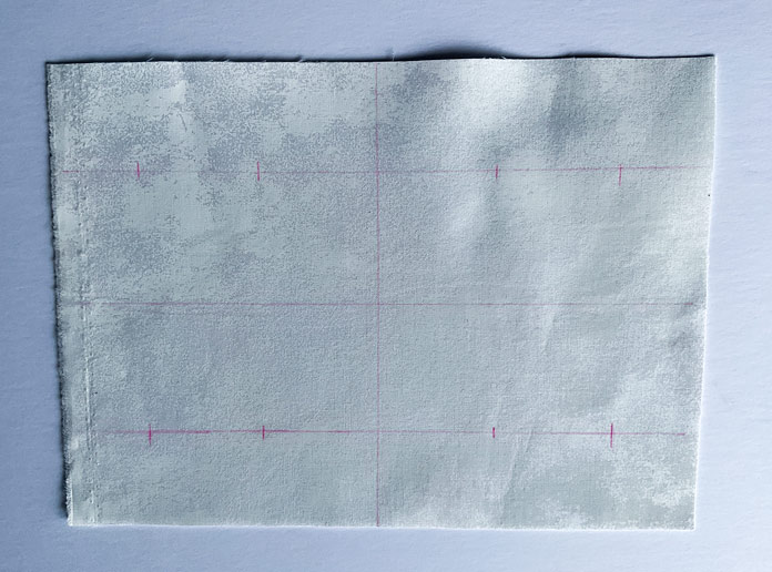 The measurements I used to draw lines on my fabric to know where to position tapering stitches and the first row of decorative stitch in the center of the fabric.