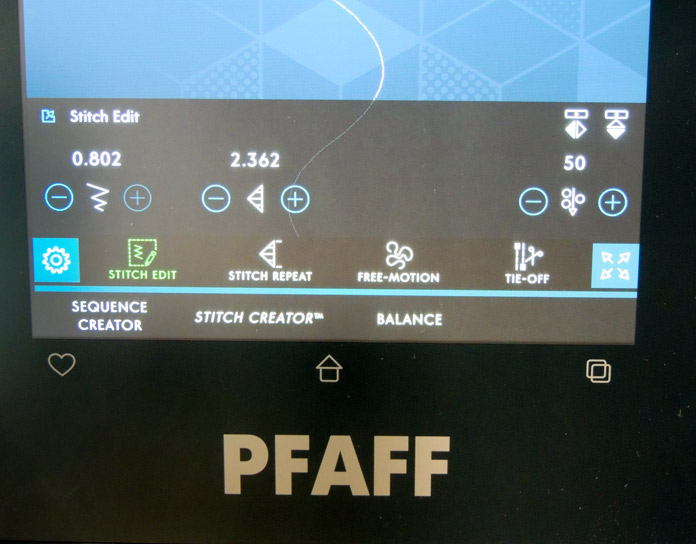 Stitch Edit menu on a PFAFF computerized sewing machine. PFAFF performance icon sewing machine