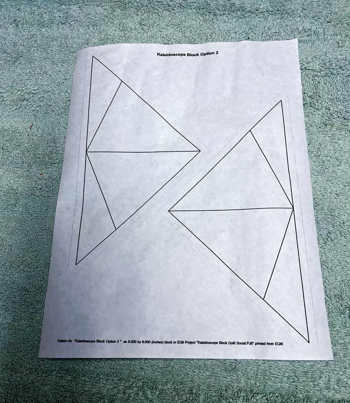 Kaleidoscope Block Option 2 pattern printed on freezer paper, ready to cut