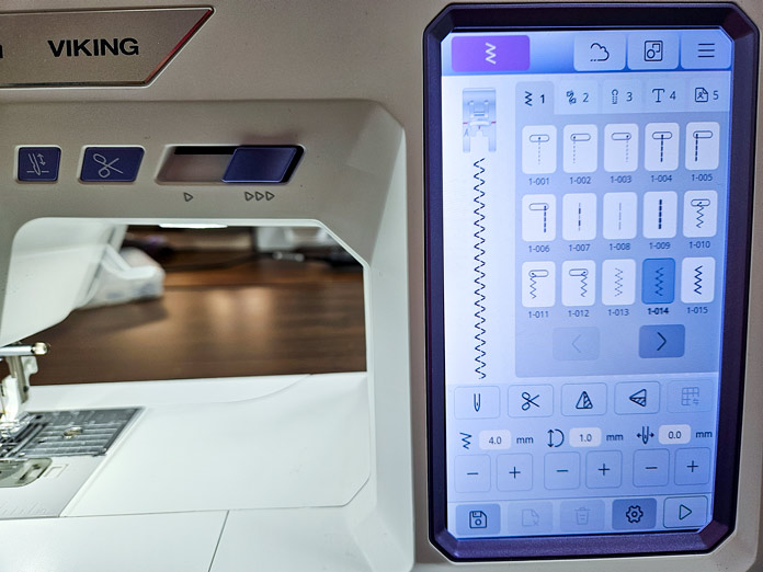 The screen of a computerized sewing machine; Husqvarna VIKING Designer Quartz 29, mySewnet Machine Embroidery Software, Husqvarna VIKING Tear-a-Way Light Stabilizer 15 Inches x 25 Yards