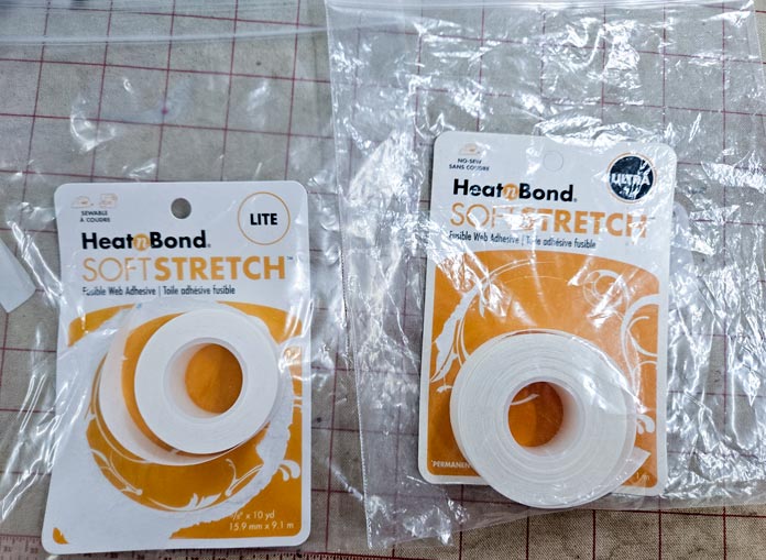 Gold and white packaging in plastic bags; Learn how to use HeatnBond SOFTSTRETCH fusible web on knits, denim, fleece, and more