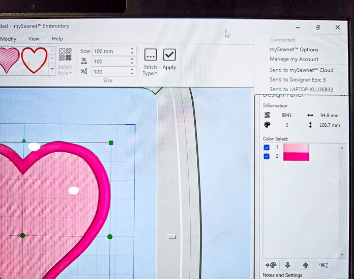 A pink heart on a computer screen; machine embroidery, quilting, mySewnet, HUSQVARNA VIKING, embroidery software, digital embroidery, quilt block wizard, applique, embroidery design, monogramming