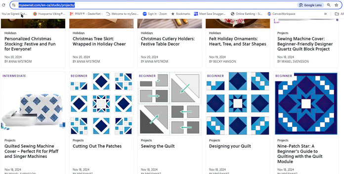 a snapshot of the mySewnet Studio Projects area, showing several downloadable projects, “Designing your Quilt”, “Sewing Your Quilt,” “Cutting out the Patches,” step by step instructions to use the mySewnet software; quilting, mini quilt, mySewnet Quilting Software, digital quilting, quilt design, beginner quilting, quilt planning, fabric yardage, quilting techniques, embroidery and quilting