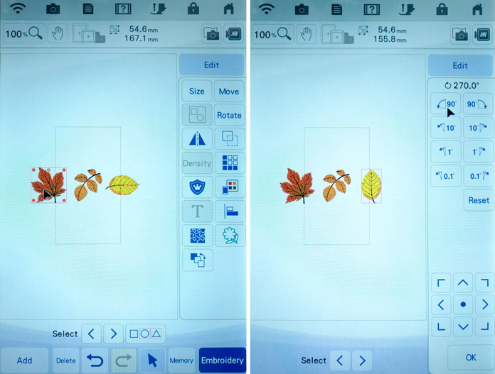 Two screenshots that show three sequential leaf designs. Brother Luminaire XP