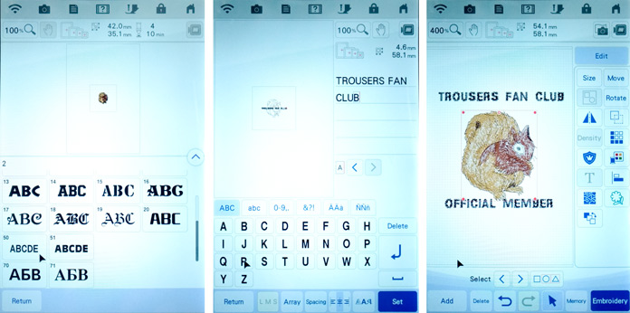 Three screenshots illustrating how to add text to a design on the Brother Luminaire. Brother Luminaire XP, Brother ScanNCut