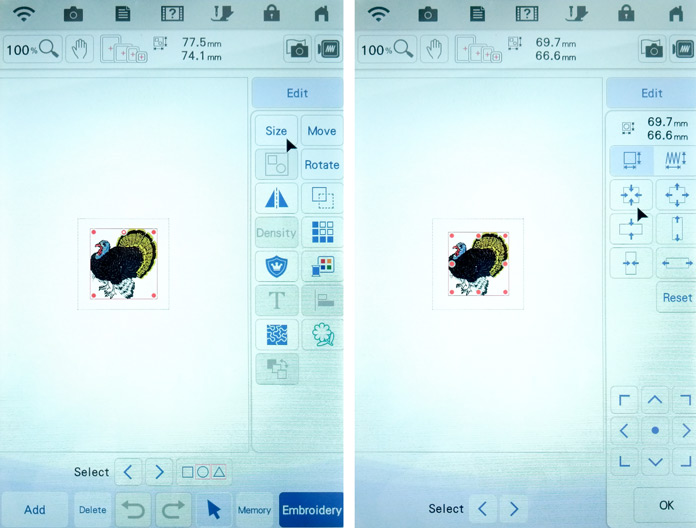 Two screenshots each showing a turkey design in the middle and the resize function and rescaling function on the Brother Luminaire XP