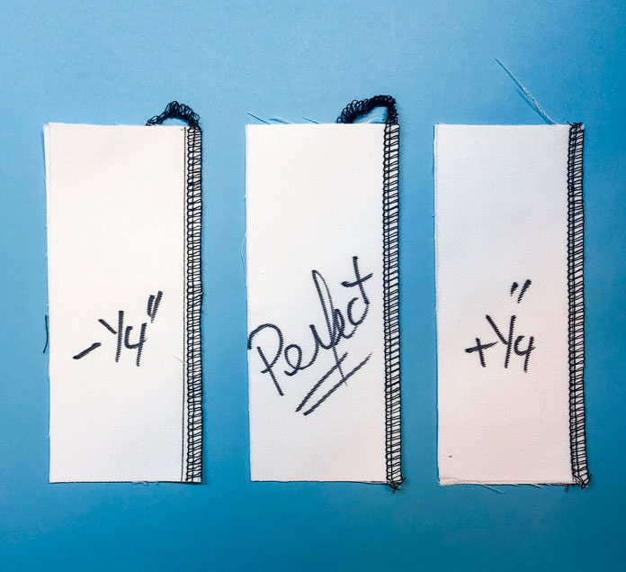 Three pieces of fabric with various examples of the ¼” seam allowance test
