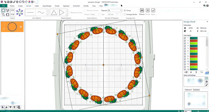 A screenshot of the CREATIVATE software screen, showing the pumpkin, SuperDesigns encored (16 repeats) in a large circle to go to the outside edges of the stitchable area of a PFAFF creative Grand Dream hoop (360X350) (optional accessory)