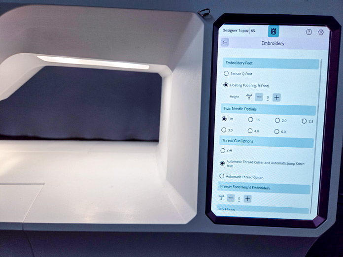 A screen on a computerized sewing machine; Husqvarna VIKING Designer Topaz 65