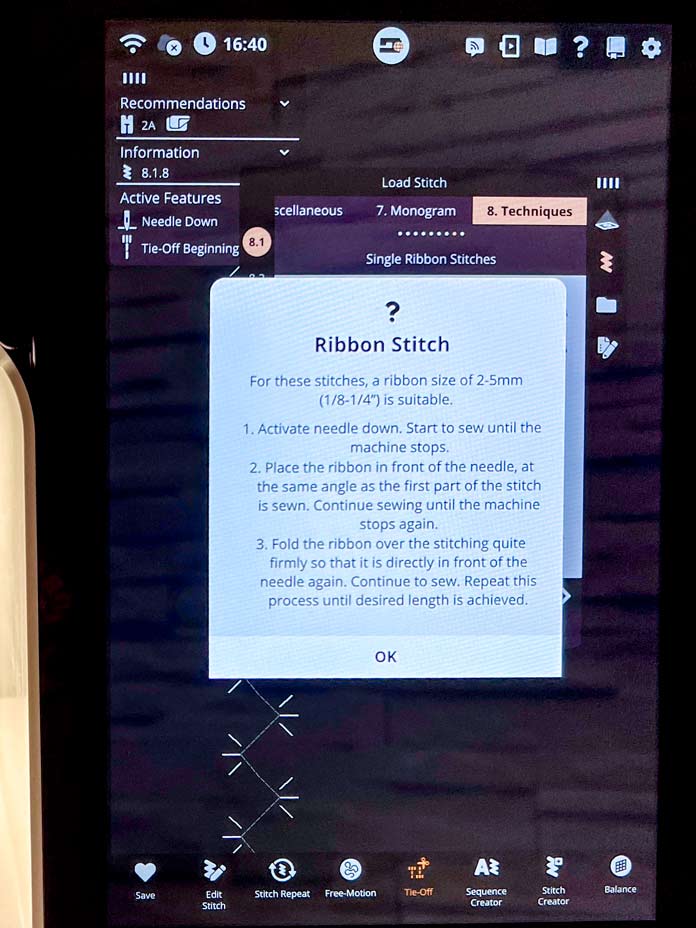 Close-up of the ribbon stitch help window on the PFAFF Creative Icon 2 screen. The pop-up gives detailed instructions for using single ribbon stitches, including folding and guiding the ribbon manually while stitching. The background shows stitch 8 selected from the 8.1 category under Techniques. The bottom bar displays options like Stitch Repeat, Free-Motion, and Stitch Creator. 
