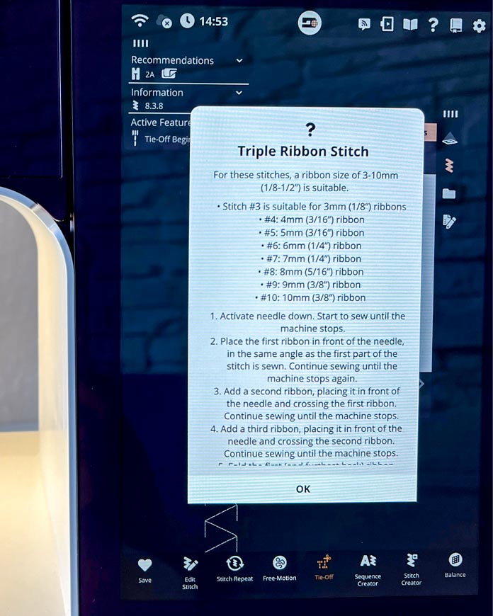 Close-up of the ribbon stitch help window on the PFAFF Creative Icon 2 screen. The pop-up gives detailed instructions for using triple ribbon stitches, including folding and guiding the ribbon manually while stitching. The background shows stitch 8 selected from the 8.3 category under Techniques. The bottom bar displays options like Stitch Repeat, Free-Motion, and Stitch Creator. 