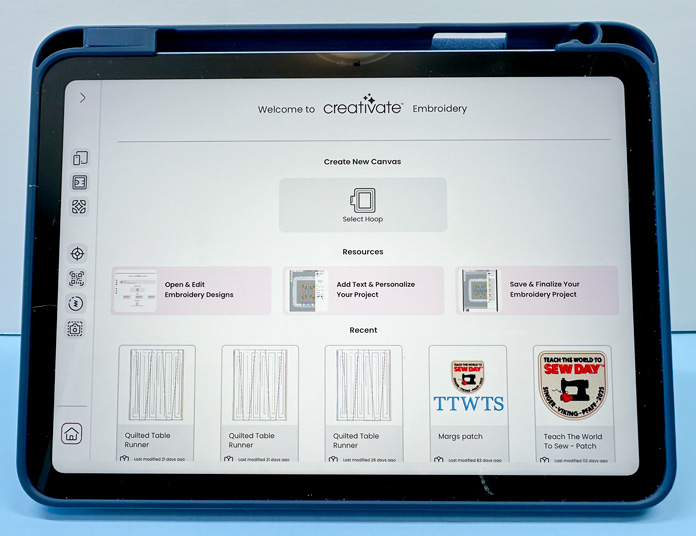 Apple iPad creativate app, embroidery tablet editor software welcome screen