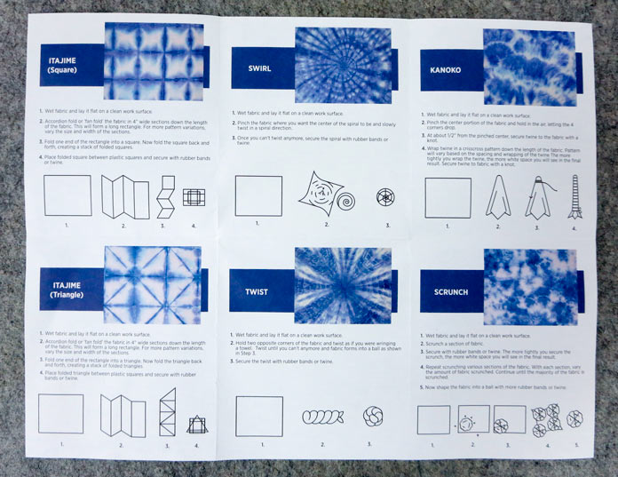 Instruction booklet for Shibori dyeing showing folding methods for fabric