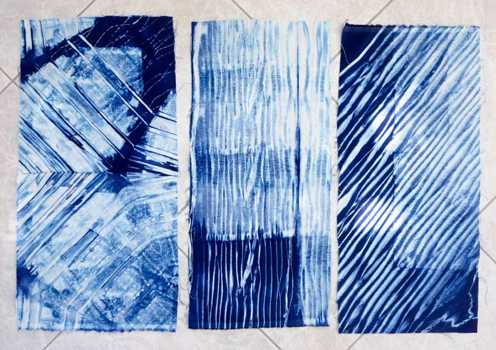3 pieces of tie dyed Shibori fabrics in different patterns; Rit Indigo Shibori Tie Dye Kit, Rit Indigo All-purpose Dye