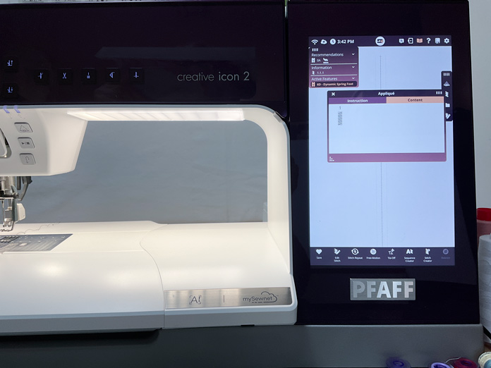 Computer screen on the PFAFF creative icon 2 sewing machine