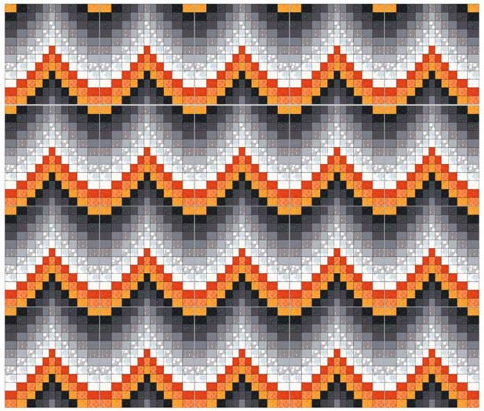 Bargello blocks laid out with orange sections facing upwards to make a king-size quilt, creating an orange zigzag