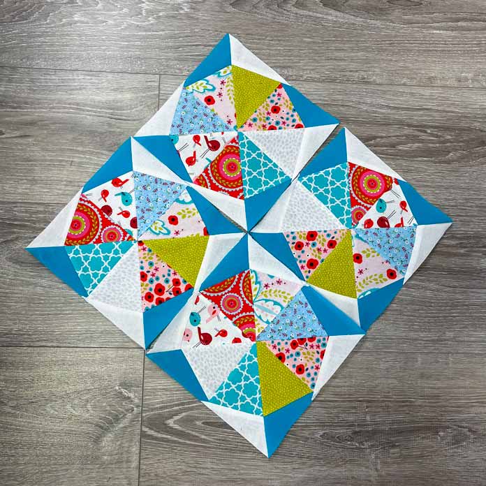 Kaleidoscope Block 2 laid out on-point with 4 blocks