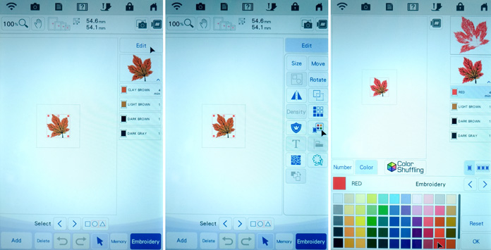 Three screenshots showing how to change embroidery design colors on the Brother Luminaire XP.