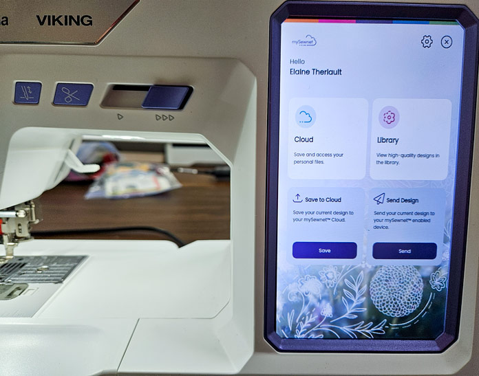 A screen on a computerized sewing and embroidery machine shows the Send and Save options in mySewnet; Husqvarna VIKING Designer Quartz 29, mySewnet Machine Embroidery Software, mySewnet Library, Husqvarna VIKING Tear-a-Way Light Stabilizer 15 Inches x 25 Yards