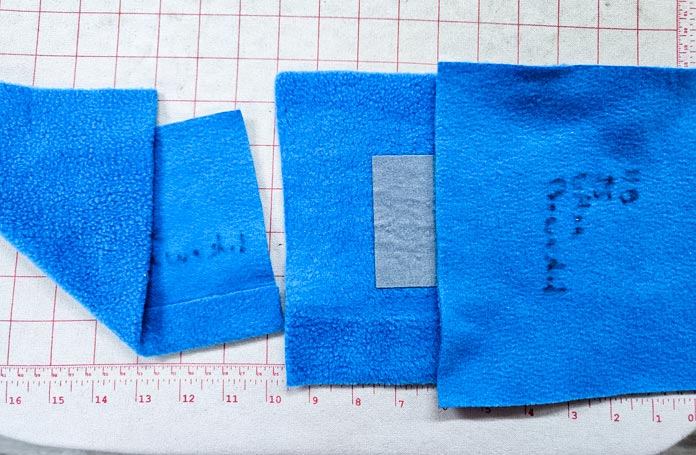 Blue fleece samples with fusible web; HeatnBond, fusible web, sewing, applique, quilting, hemming, fabric adhesive, SoftStretch, Lite, Featherlite, Ultra, sewing tips, crafting, fabric experiments