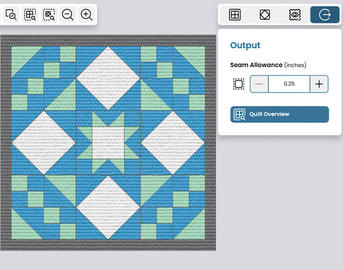 the final page in the mySewnet Quilting Software showing the final version of the mini quilt design, with ‘Road to Oklahoma”, Diamond, and Ohio Star blocks” colored in the chosen fabric colors, of green, white and blue with a small grey border; quilting, mini quilt, mySewnet Quilting Software, digital quilting, quilt design, beginner quilting, quilt planning, fabric yardage, quilting techniques, embroidery and quilting