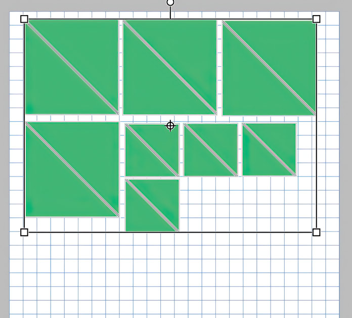 A snap of a line drawing of the 24” mat showing 8 larger green triangles nestled together in pairs forming squares and then 8 smaller right-hand triangles nestled together by 2s into squares, all aligned together neatly; quilting, digital quilting, fabric cutting, SINGER MOMENTO 24, mySewnet Crafting Software, quilt design, quilting tutorial, precision cutting, beginner quilting, quilt planning