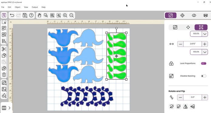 a screenshot of mySewnet Crafting Software showing the cut file for tall the dinosaur applique pieces, blue bodies (left and right facing, green legs and royal blue “spikes”; quilting, embroidery, applique, mySewnet Silver, digital quilting, SINGER MOMENTO 24, PFAFF creative 350, fabric cutting, quilt design, beginner quilting