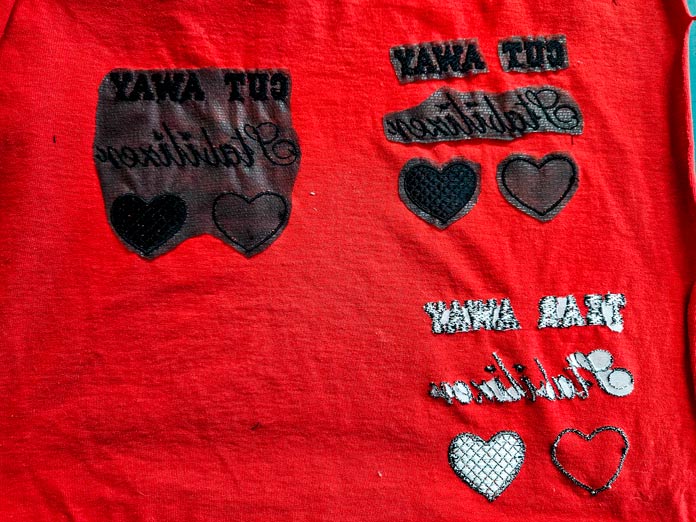 Black and white stabilizer on red fabric