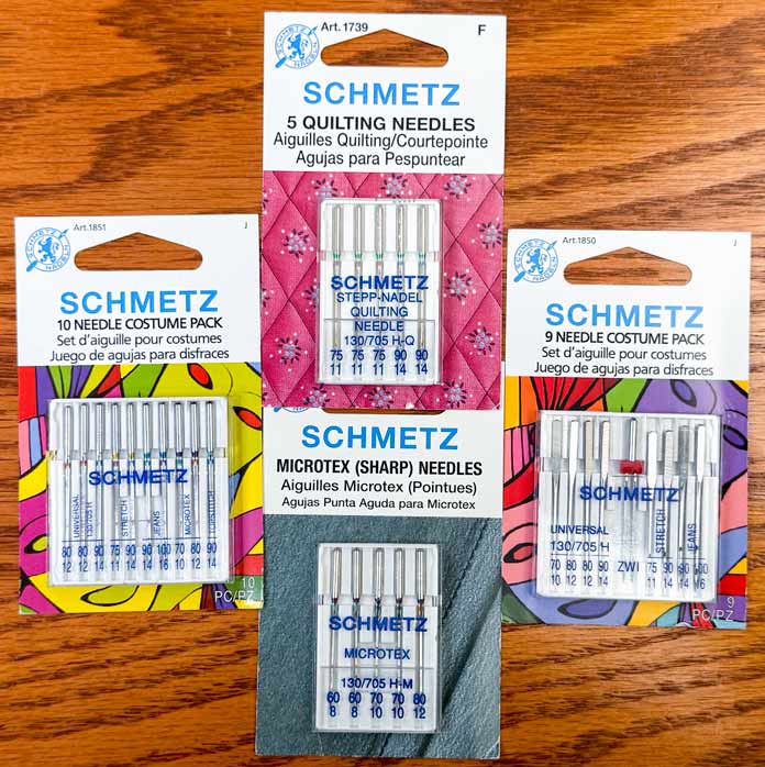 Packages SCHMETZ #1739 Quilting Needles Carded - Assorted Sizes - 5 count, SCHMETZ #1850 Costume Needles Pack Carded - Assorted - 9 count, SCHMETZ #1851 Costume Needles Pack Carded - Assorted - 10 count and the SCHMETZ #1839 Microtex Needles Carded - Assorted Sizes - 5 count