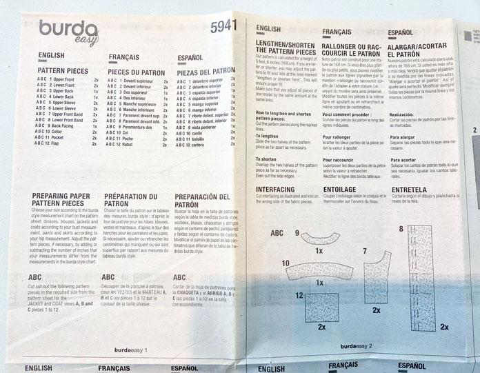 A paper pattern with writing and garment diagrams