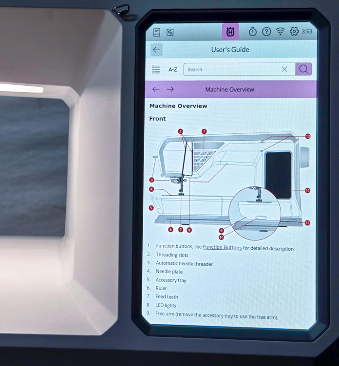 A built-in User’s Guide on a computerized sewing machine