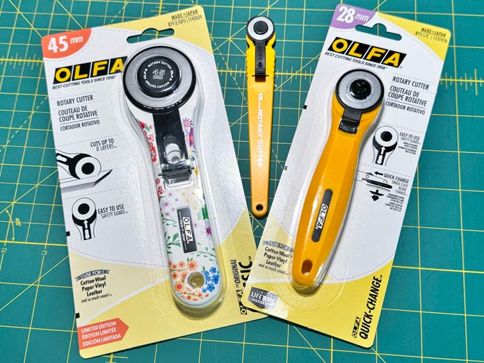 OLFA 45mm, 18mm and 28mm rotary cutters 