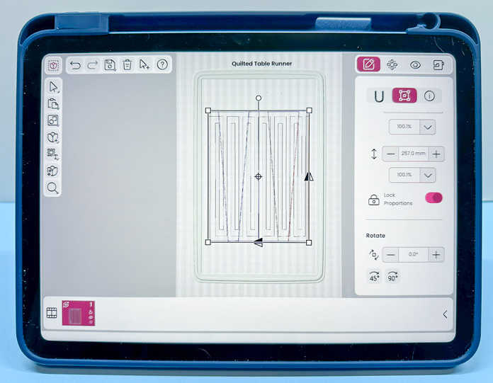 creativate app embroidery on the iPad showing the editor software work area opened to the Quilted Table Runner design.