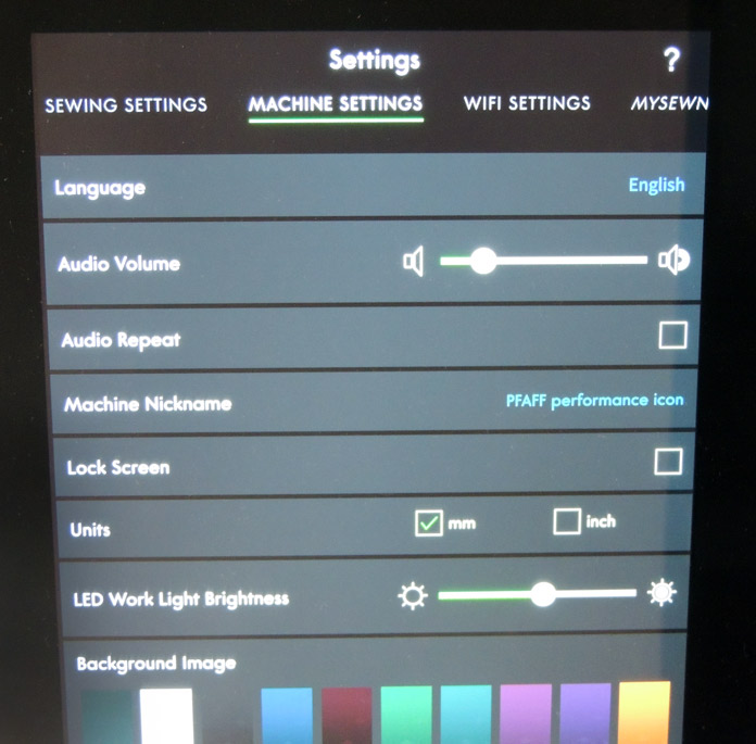PFAFF performance icon Multi-Touch Screen Machine Settings
