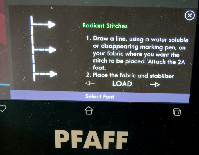 Radiant Stitches instructions on the Multi-Touch Screen; PFAFF performance icon