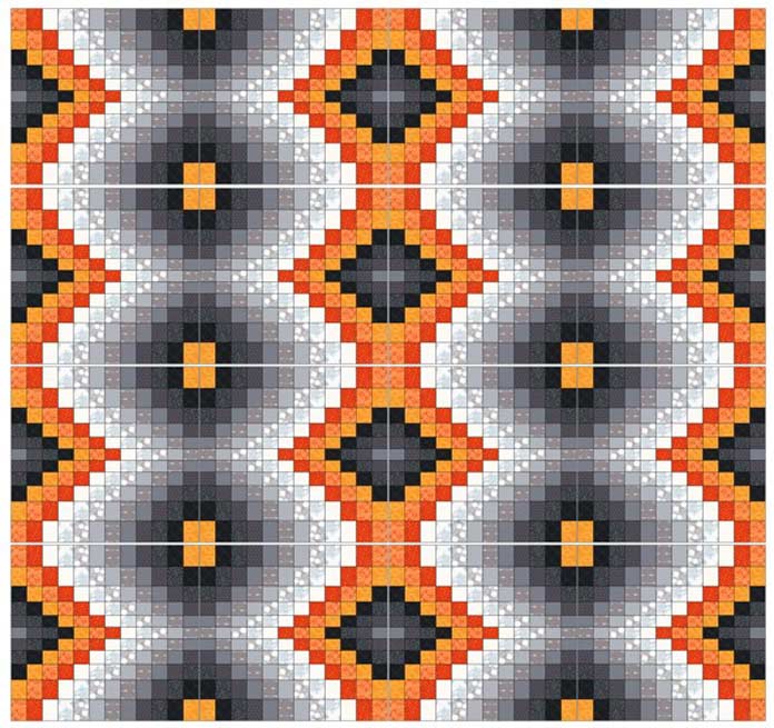 Bargello blocks laid out with orange sections butting in the center making a diamond shape inwards to make a queen size quilt