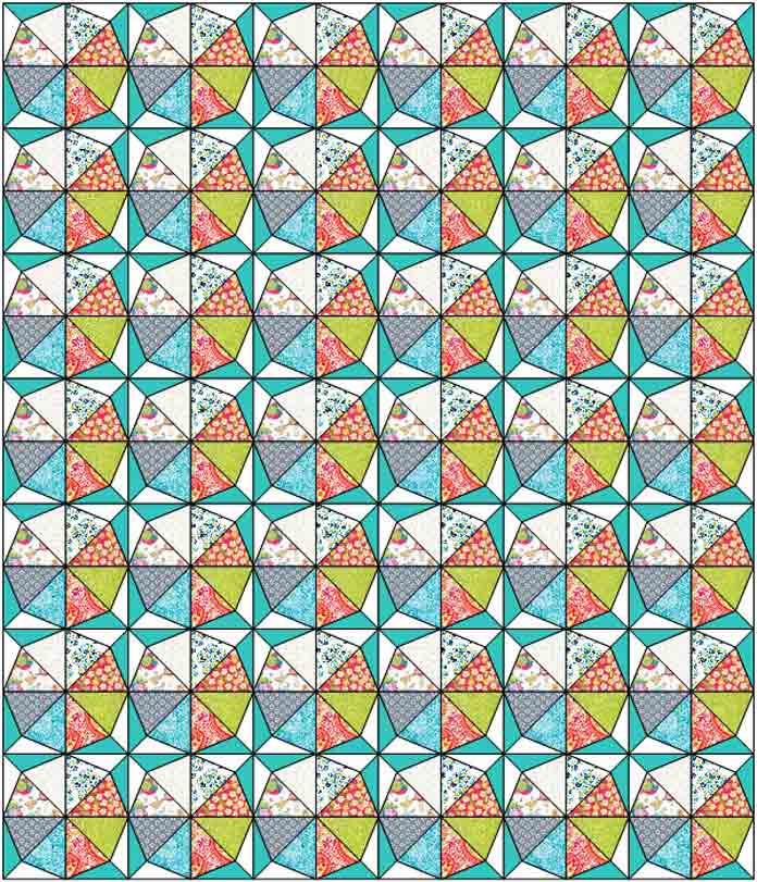 42 blocks of Kaleidoscope Block 2 in a 6 x 7 block layout measuring 48” x 56”
